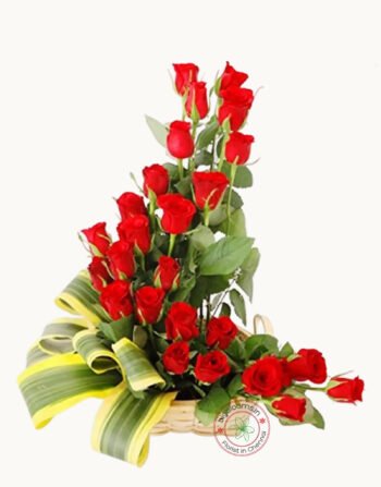 Basket of Red Roses with Green Leaf