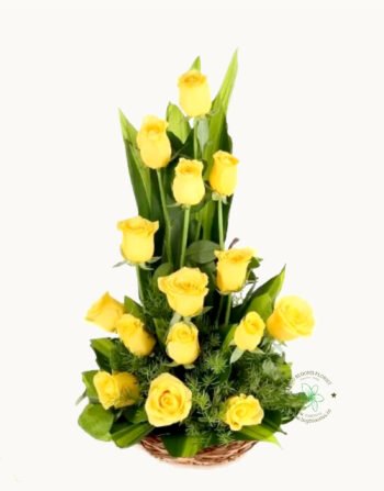 Basket of Yellow Roses with Green Leaf