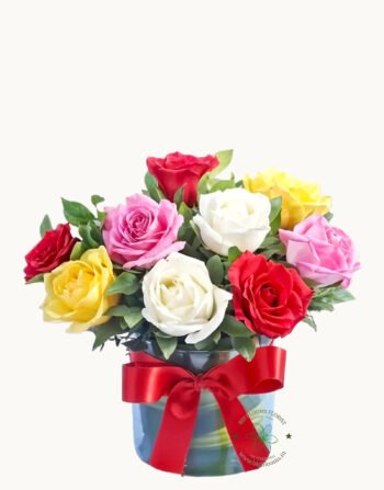 Vase of 10 Stems Mixed Color Roses with Green Leaf