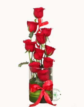 Vase of 10 Stems Red Roses with Green Leaf
