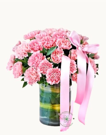Vase of 20 Stems Pink Carnations with Green Leaf